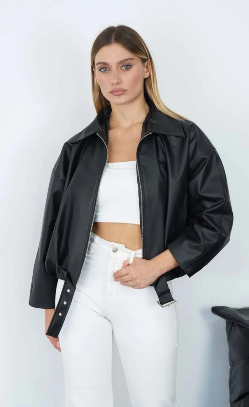 Kemerli Oversize Bomber Deri Ceket